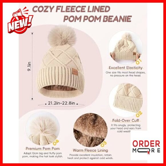 Winter Hat Scarf Gloves Headband Set, Fleece-Lined Pom Pom Beanie Touchscreen